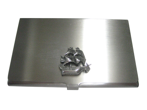 Silver Toned Simple Galleon Old Ship Business Card Holder