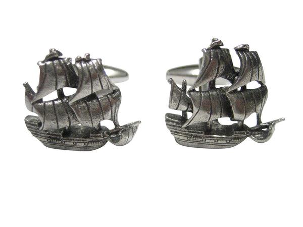 Silver Toned Simple Galleon Old Ship Cufflinks