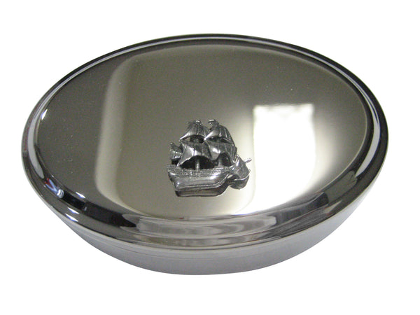 Silver Toned Simple Galleon Old Ship Oval Trinket Jewelry Box