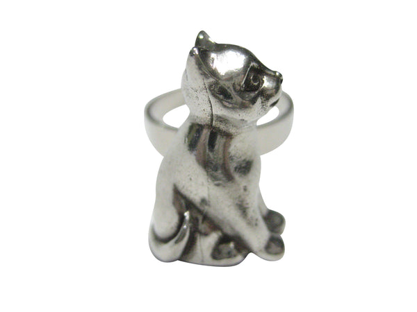 Silver Toned Sitting Cat Adjustable Size Fashion Ring
