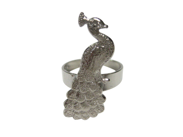 Silver Toned Sitting Peacock Bird Adjustable Size Fashion Ring