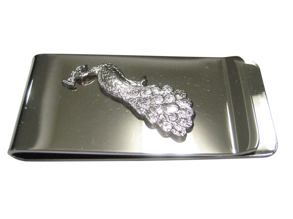 Silver Toned Sitting Peacock Bird Money Clip