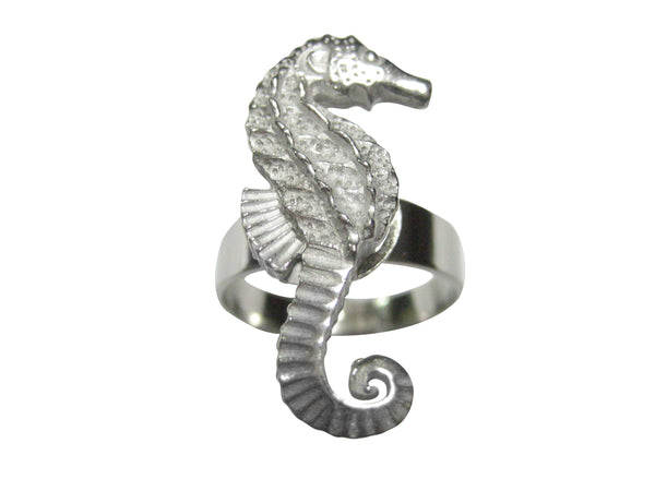 Silver Toned Small Textured Sea Horse Adjustable Size Fashion Ring