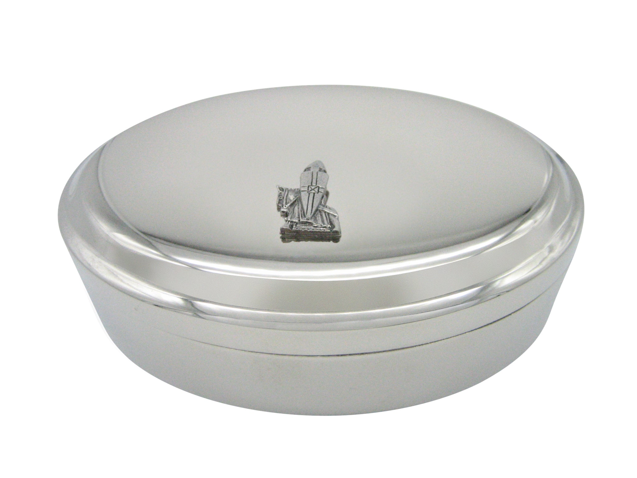 Silver Toned Textured Ancient Knight Pendant Oval Trinket Jewelry Box