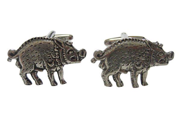 Silver Toned Textured Boar Wild Pig Cufflinks