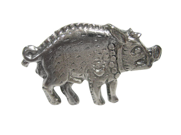 Silver Toned Textured Boar Wild Pig Razorback Hog Adjustable Size Fashion Ring
