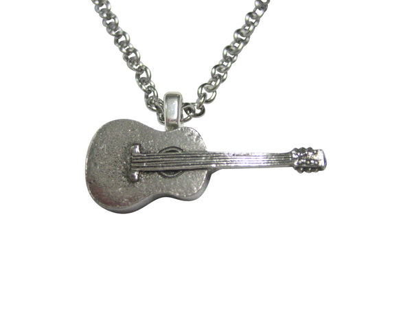 Silver Toned Textured Classic Guitar Pendant Necklace