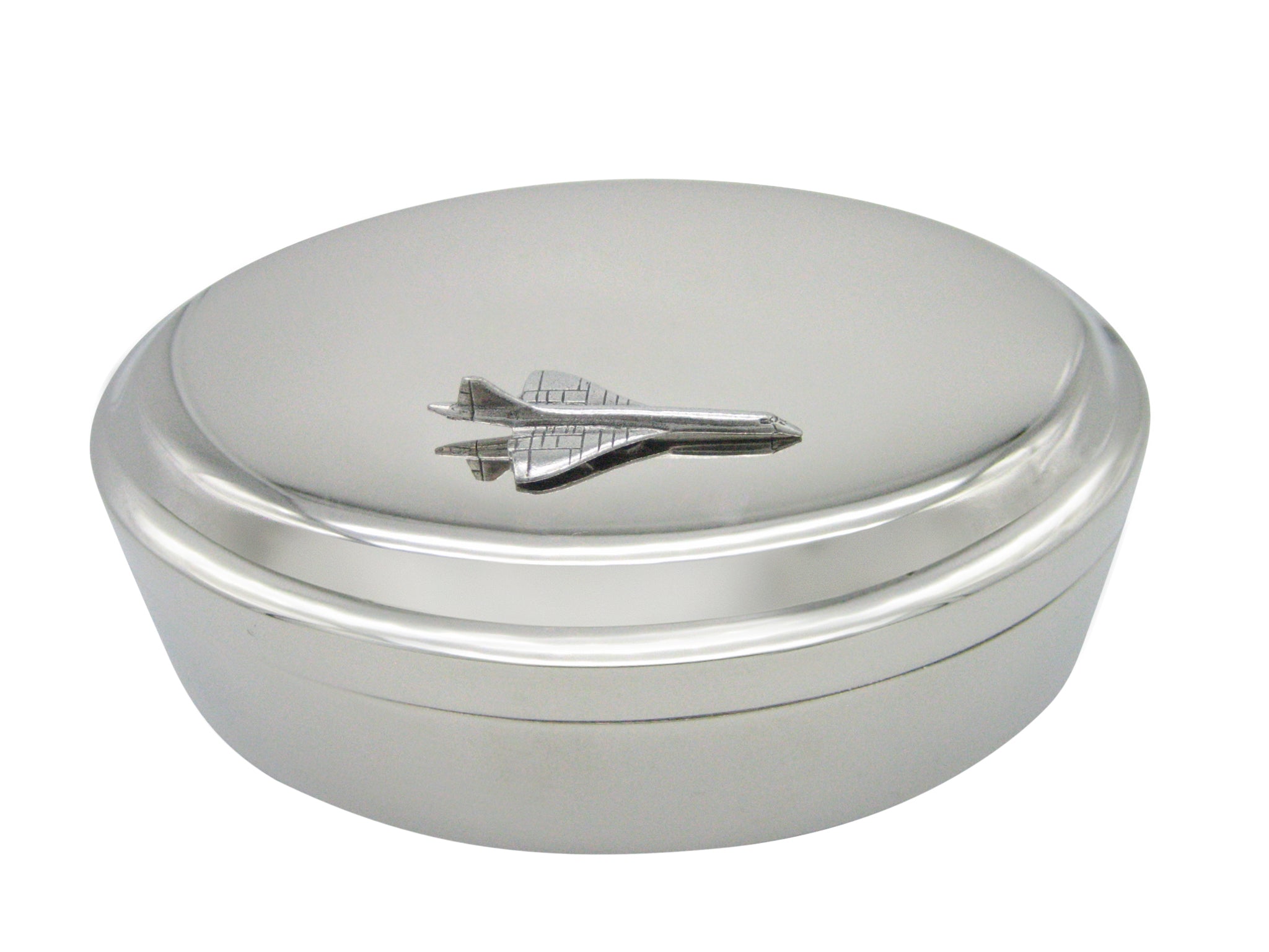 Silver Toned Textured Concord Plane Pendant Oval Trinket Jewelry Box