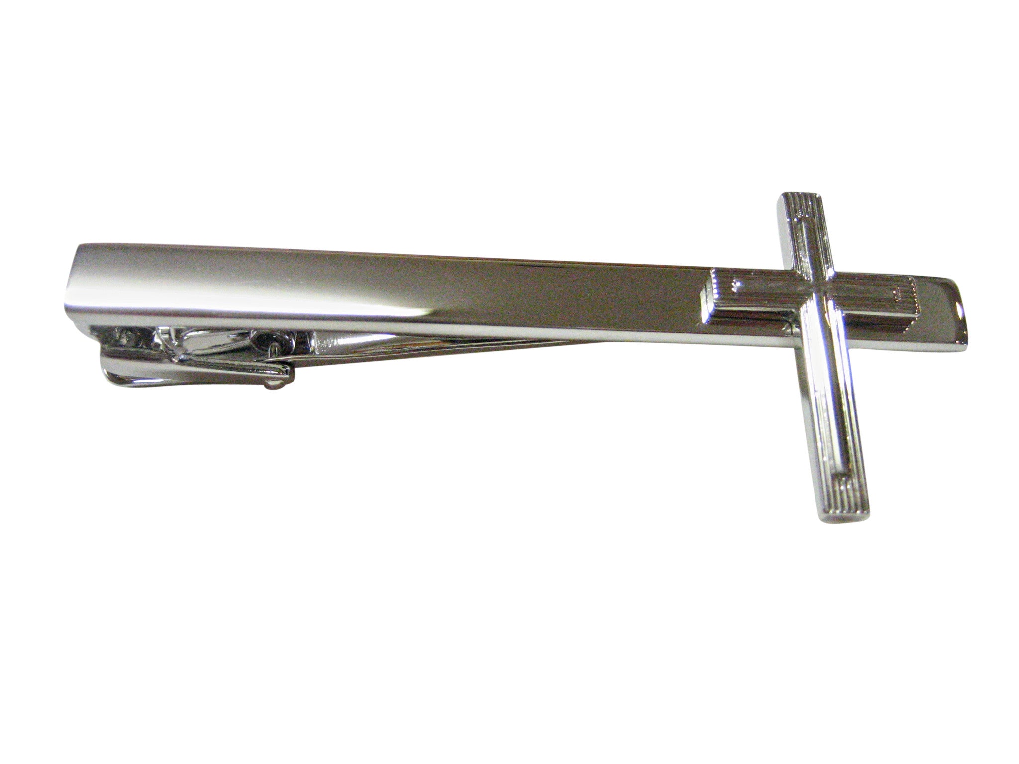 Silver Toned Textured Religious Cross Square Tie Clip