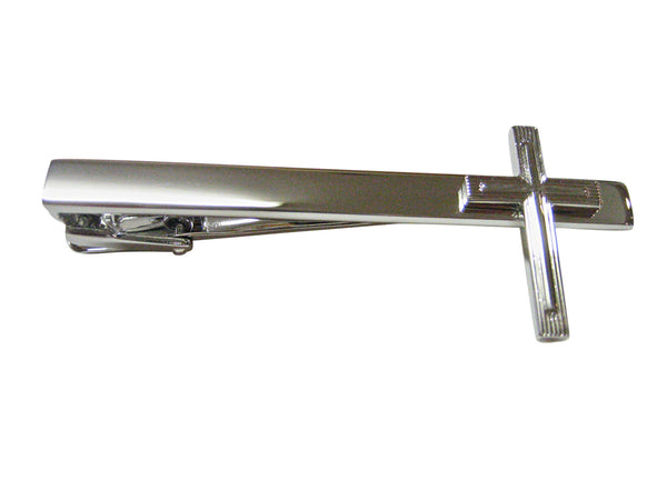 Silver Toned Textured Religious Cross Square Tie Clip
