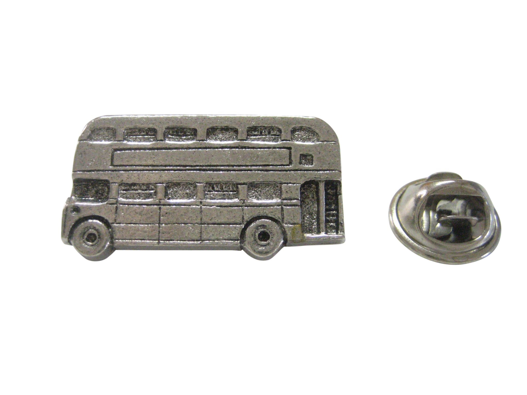 Bus Rider Pin Silver Toned Textured Double Decker Bus Lapel Pin - Kiola Designs