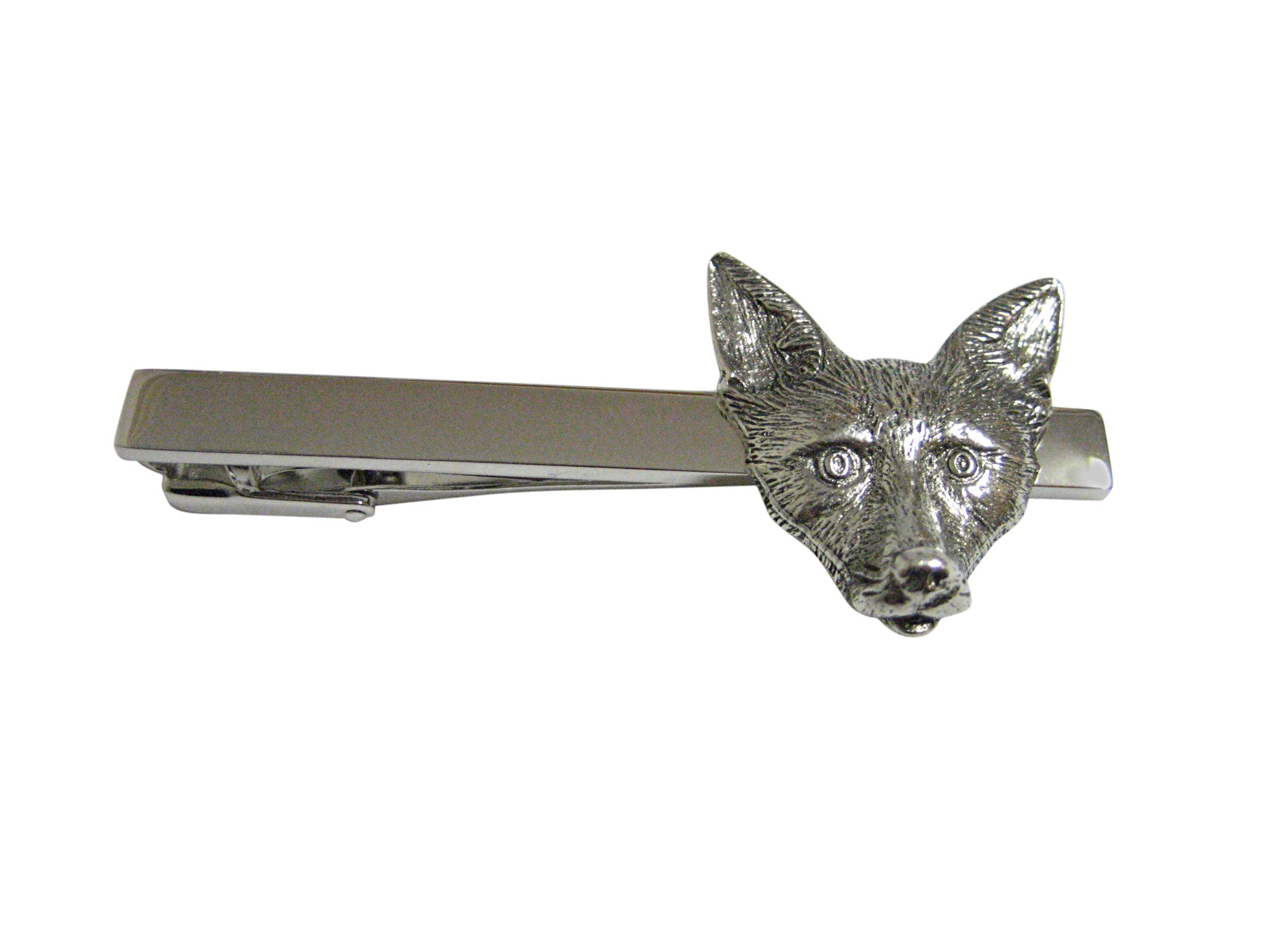 Silver Toned Textured Fox Head Square Tie Clip
