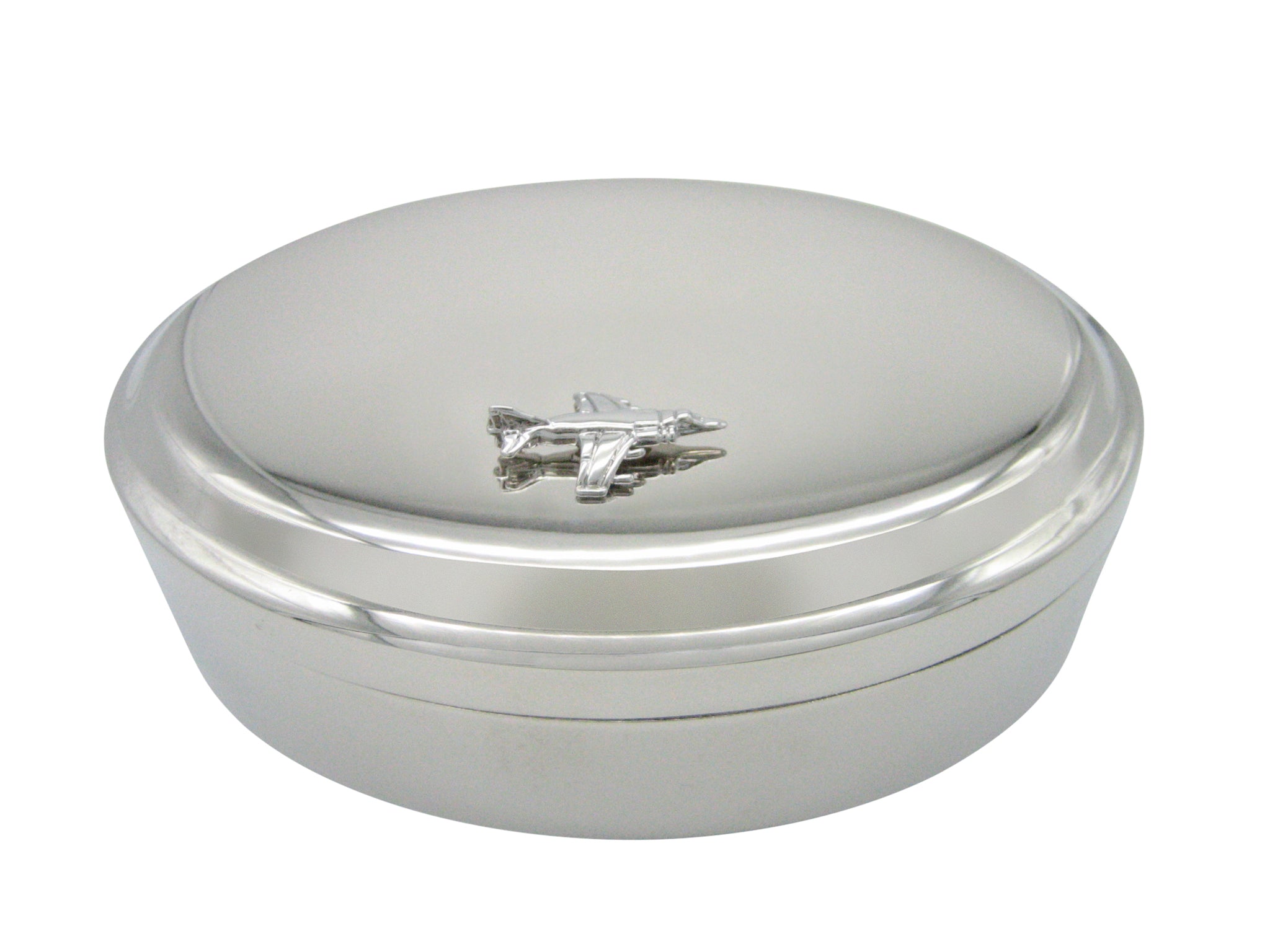 Silver Toned Textured Harrier Jet Plane Pendant Oval Trinket Jewelry Box