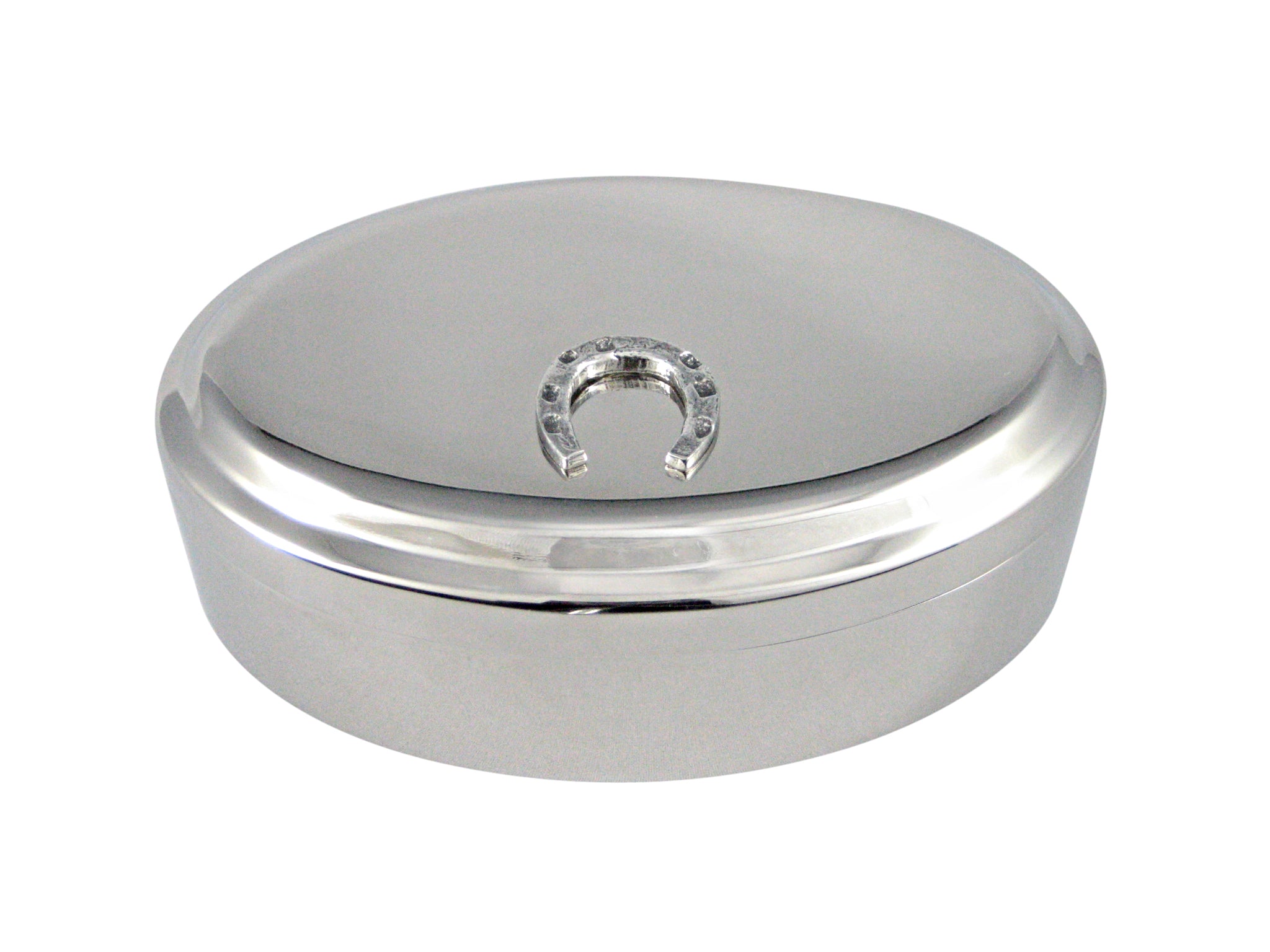 Silver Toned Textured Horse Shoe Pendant Oval Trinket Jewelry Box