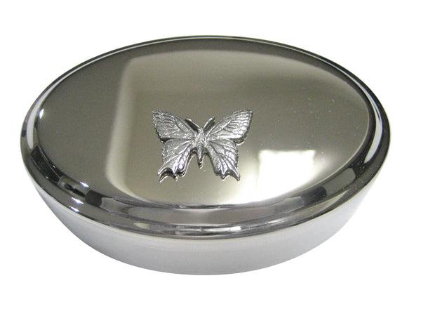 Silver Toned Textured Large Butterfly Oval Trinket Jewelry Box