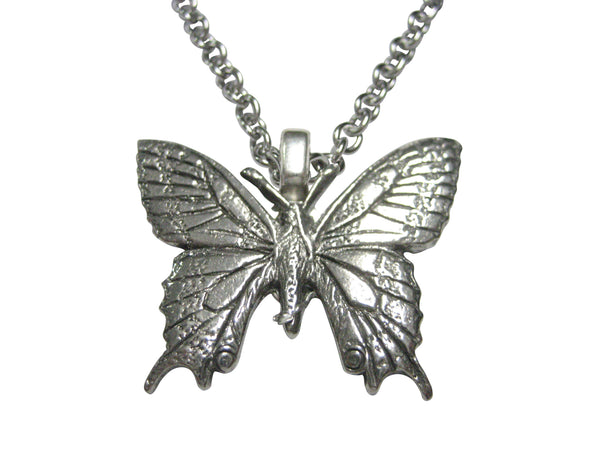 Silver Toned Textured Large Butterfly Pendant Necklace