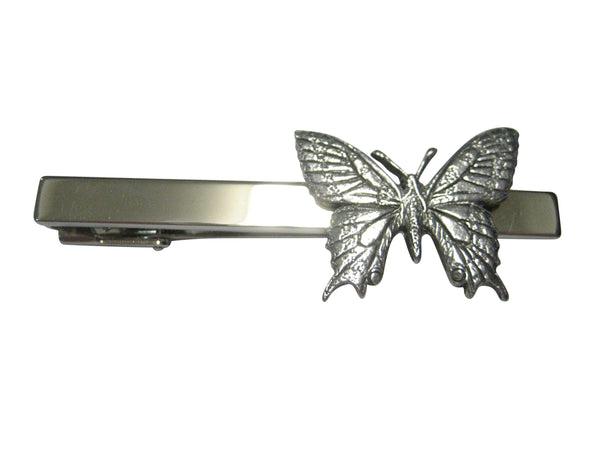 Silver Toned Textured Large Butterfly Tie Clip