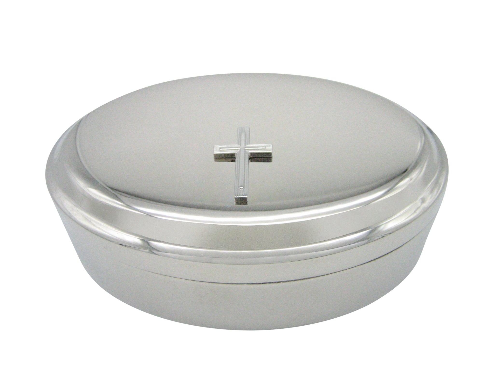 Silver Toned Textured Layered Cross Pendant Oval Trinket Jewelry Box
