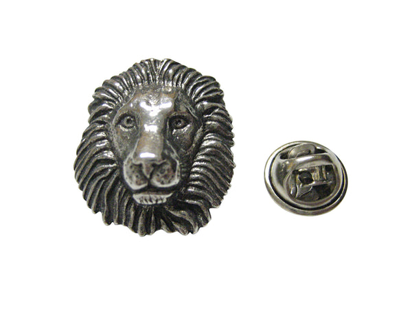 Silver Toned Textured Lion Head Lapel Pin