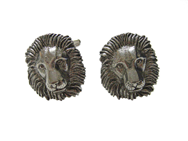 Silver Toned Textured Lion Head Pendant Cufflinks