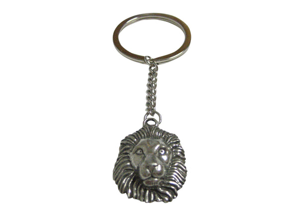 Silver Toned Textured Lion Head Pendant Keychain