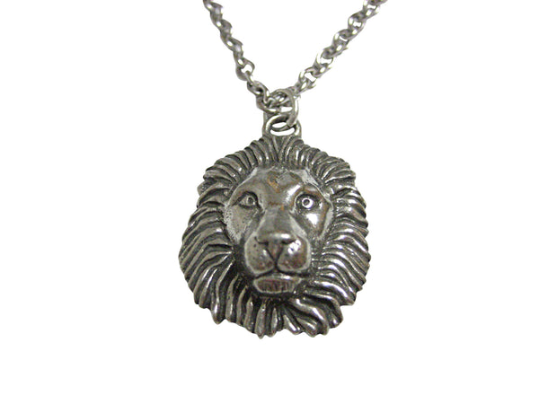 Silver Toned Textured Lion Head Pendant Necklace