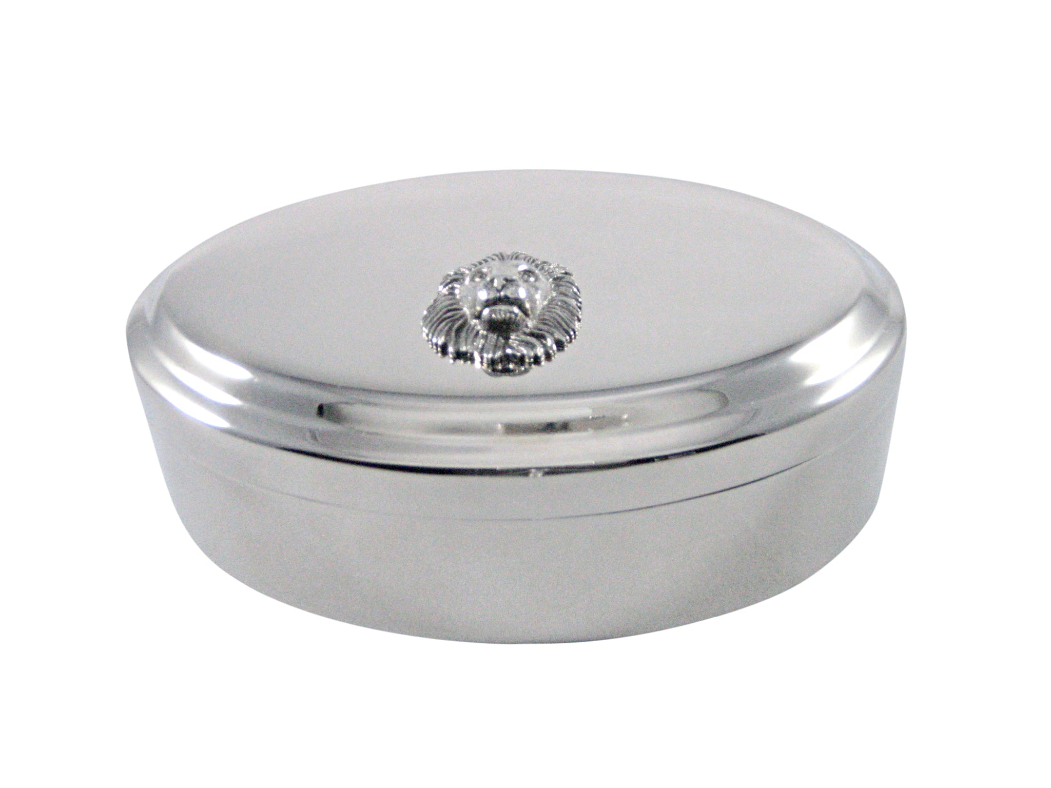 Silver Toned Textured Lion Head Pendant Oval Trinket Jewelry Box