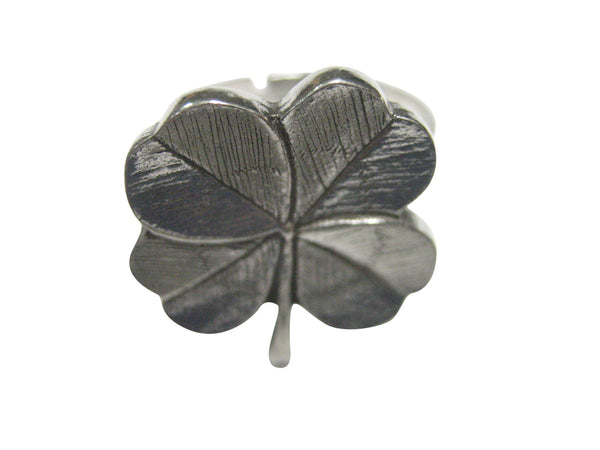 Silver Toned Textured Lucky Four Leaf Clover Adjustable Size Fashion Ring
