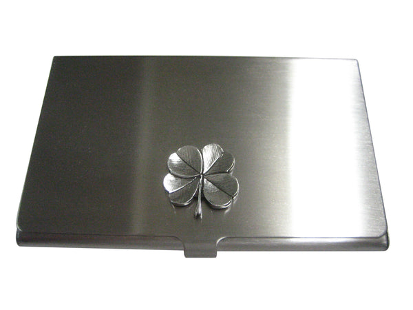 Silver Toned Textured Lucky Four Leaf Clover Business Card Holder