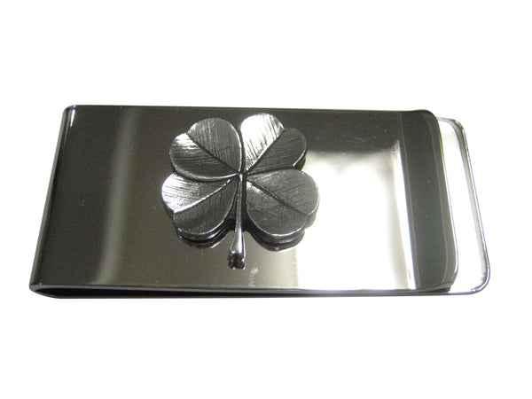 Silver Toned Textured Lucky Four Leaf Clover Money Clip