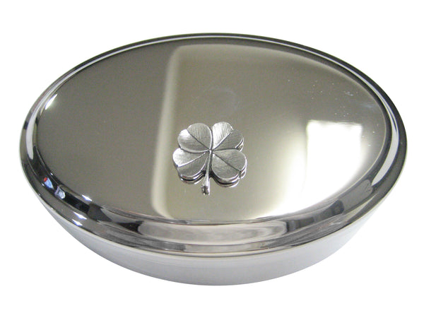 Silver Toned Textured Lucky Four Leaf Clover Oval Trinket Jewelry Box