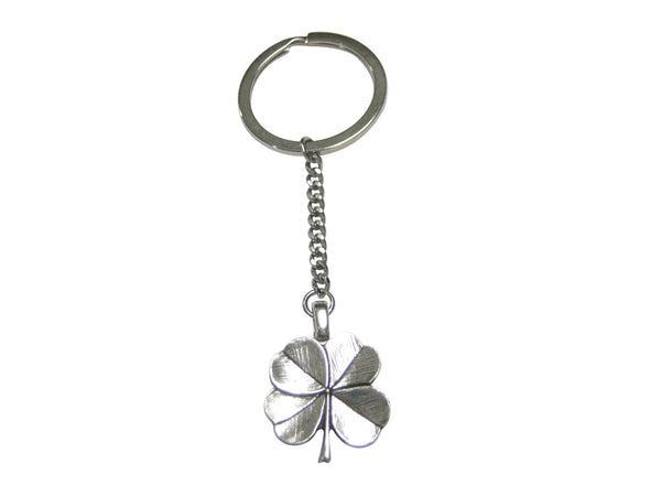 Silver Toned Textured Lucky Four Leaf Clover Pendant Keychain
