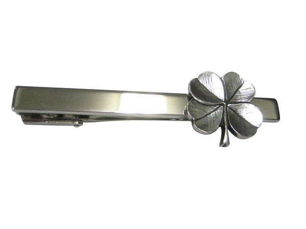 Silver Toned Textured Lucky Four Leaf Clover Tie Clip