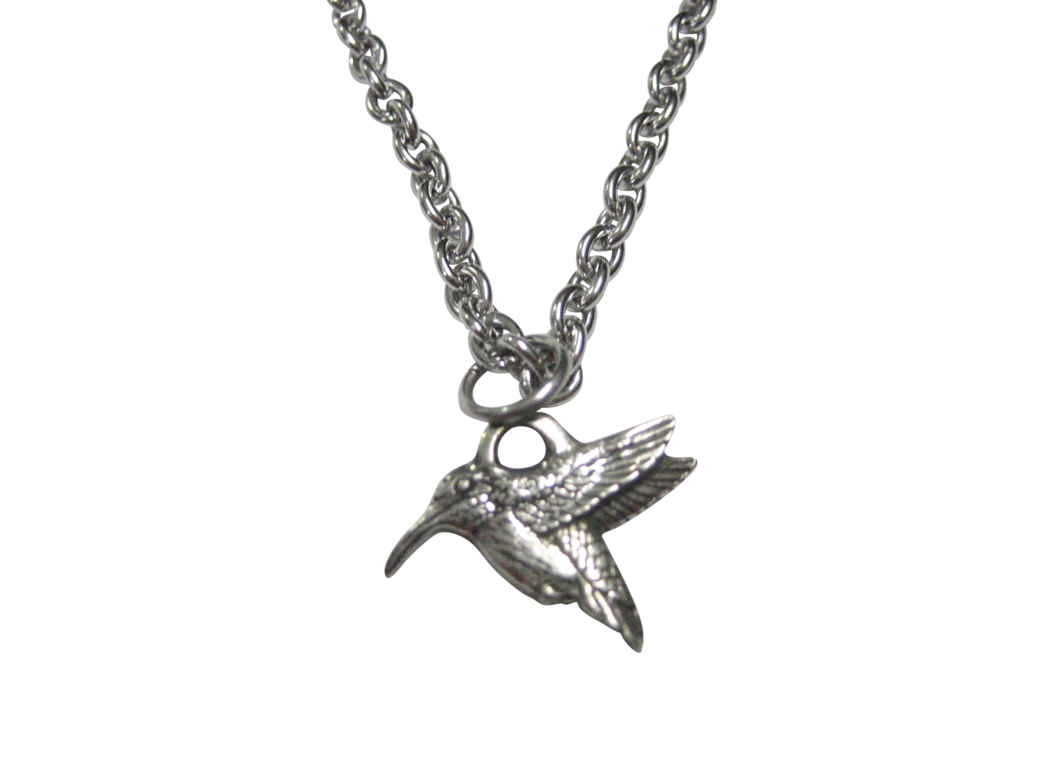 Silver Toned Textured Miniature Hummingbird Pendant Necklace