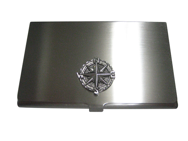 Silver Toned Textured Nautical Compass Business Card Holder