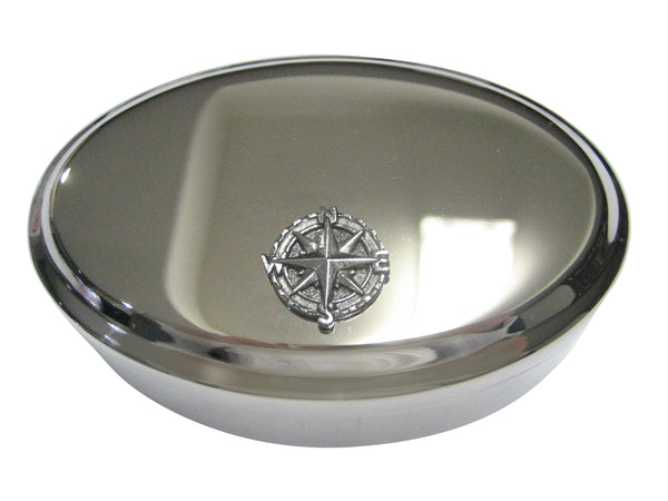 Silver Toned Textured Nautical Compass Oval Trinket Jewelry Box