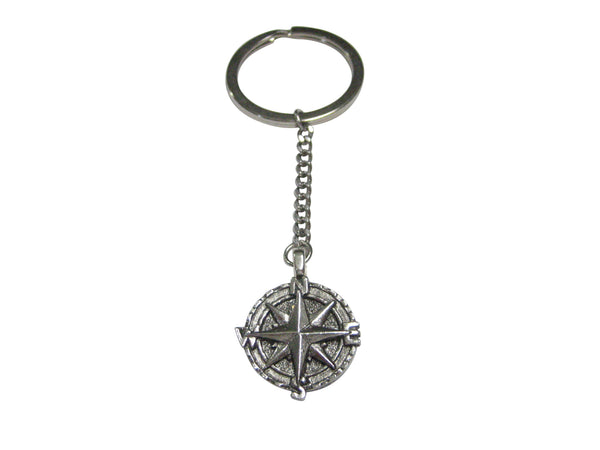 Silver Toned Textured Nautical Compass Pendant Keychain