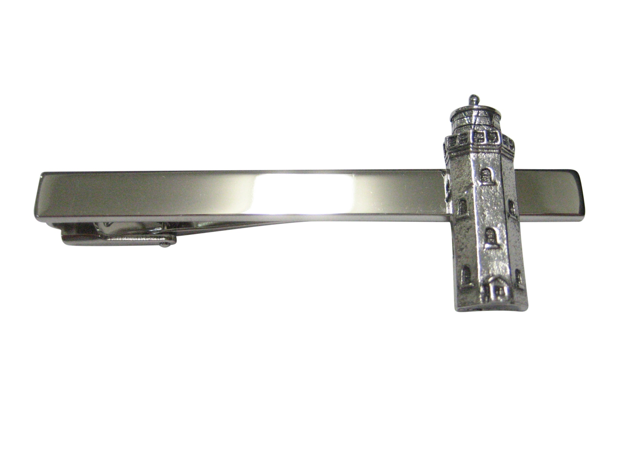 Silver Toned Textured Nautical Light House Square Tie Clip