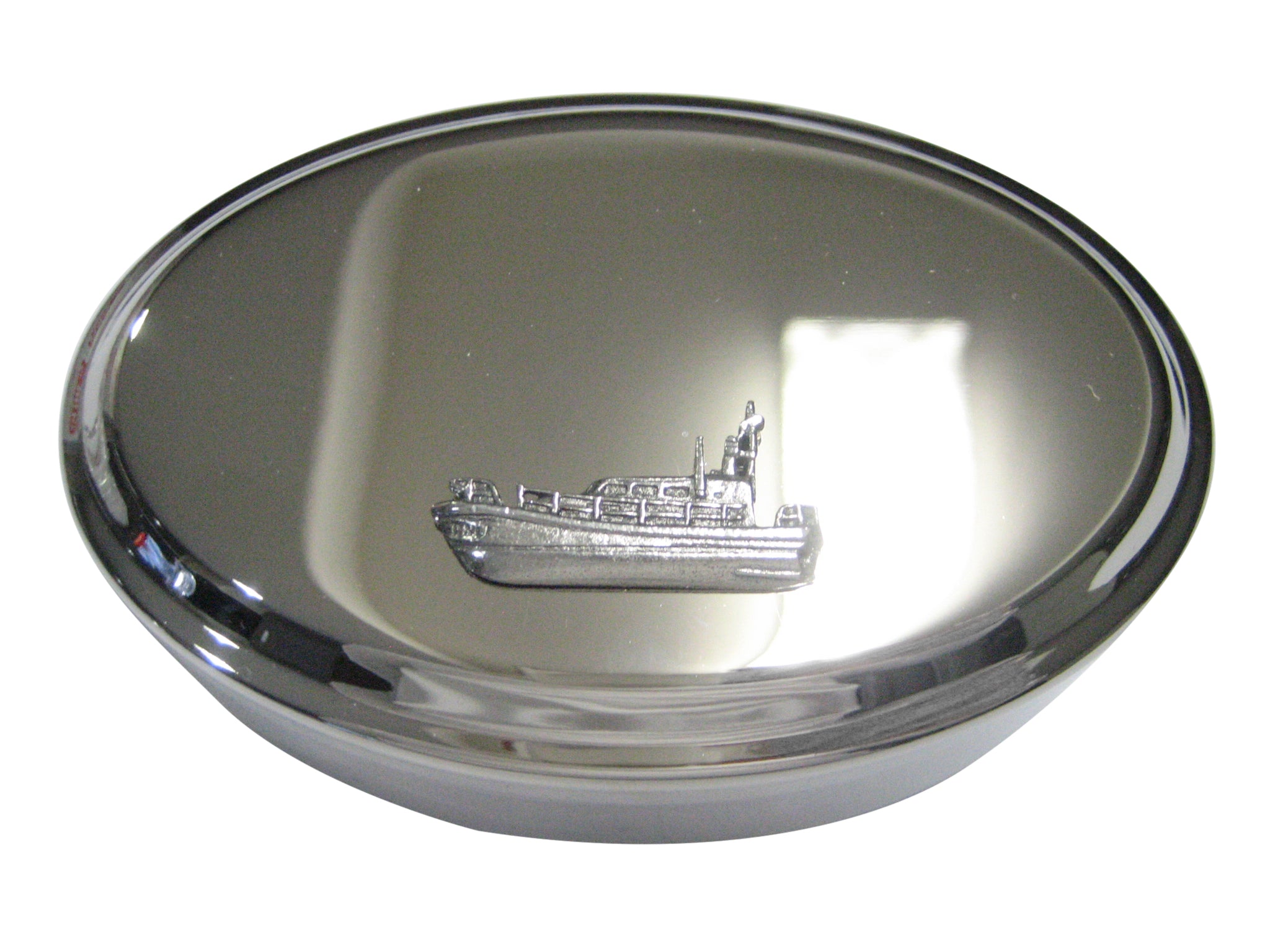Silver Toned Textured Nautical Patrol Boat Ship Oval Trinket Jewelry Box