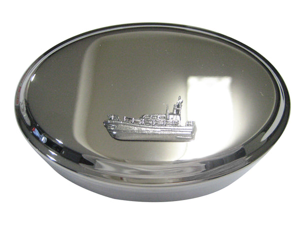 Silver Toned Textured Nautical Patrol Boat Ship Oval Trinket Jewelry Box