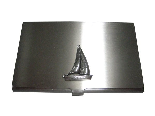 Silver Toned Textured Nautical Sail Boat Business Card Holder