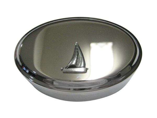 Silver Toned Textured Nautical Sail Boat Oval Trinket Jewelry Box
