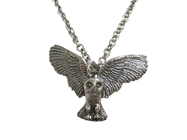 Silver Toned Textured Owl Bird Pendant Necklace