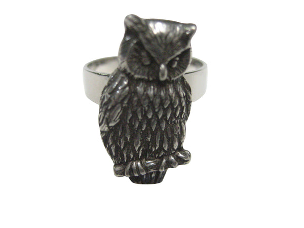 Silver Toned Textured Owl Bird on Branch Adjustable Size Fashion Ring