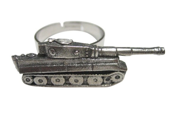 Silver Toned Textured Panzer War Tank Adjustable Size Fashion Ring