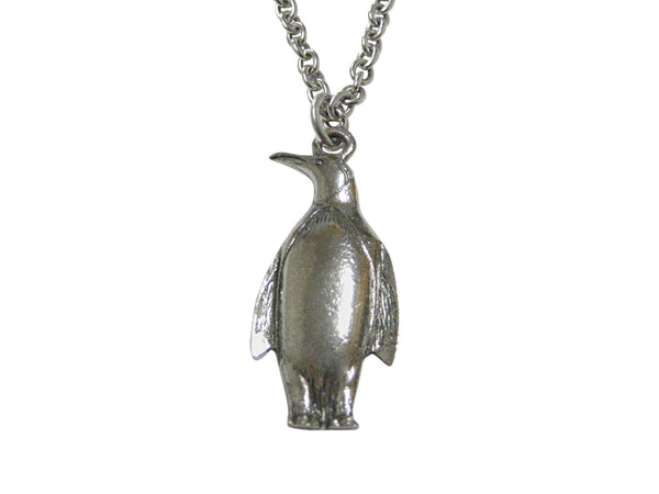 Silver Toned Textured Penguin Bird Pendant Necklace