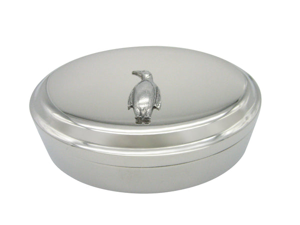 Silver Toned Textured Penguin Bird Pendant Oval Trinket Jewelry Box
