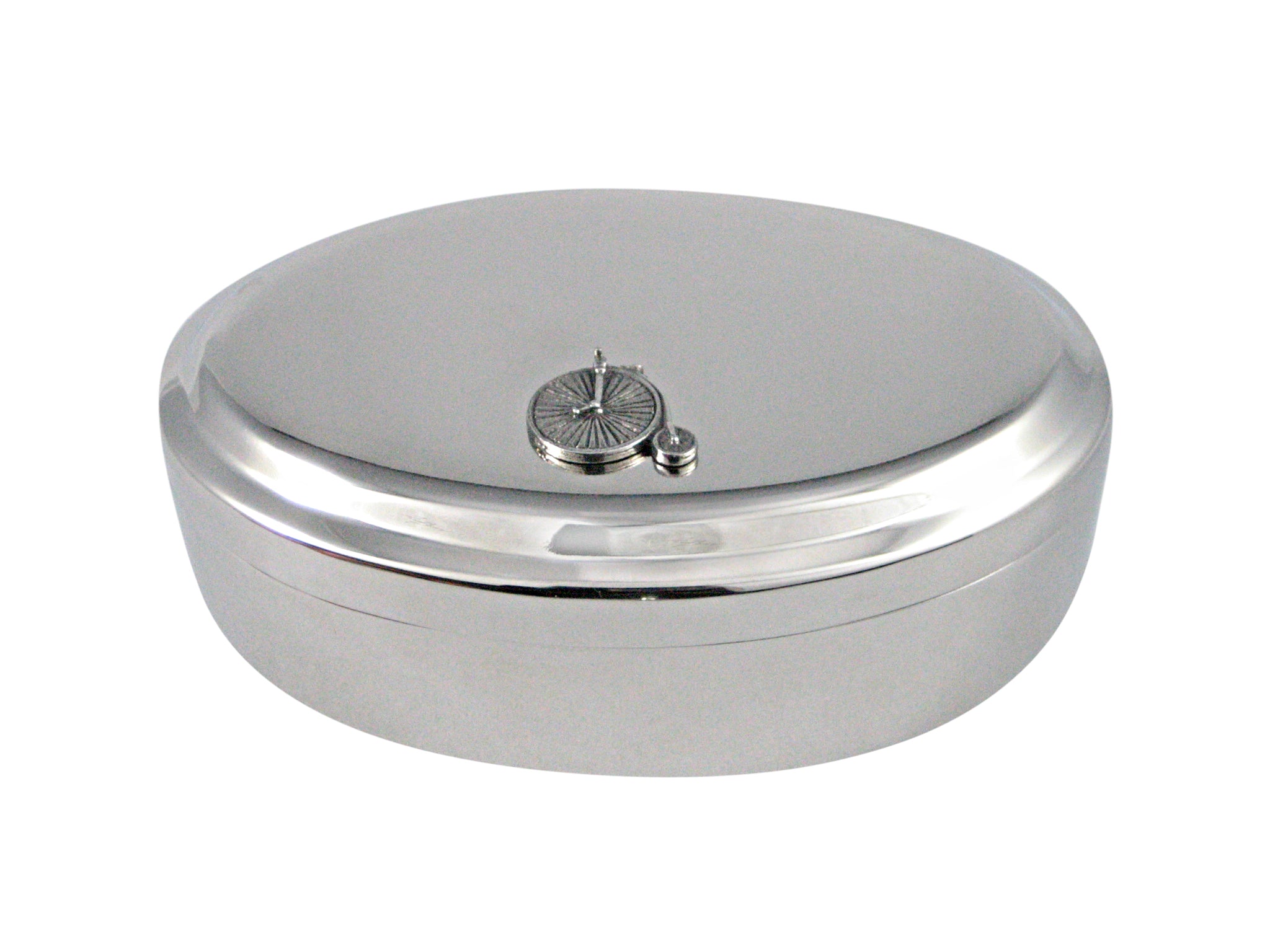 Silver Toned Textured Penny Farthing Retro Bicycle Pendant Oval Trinket Jewelry Box