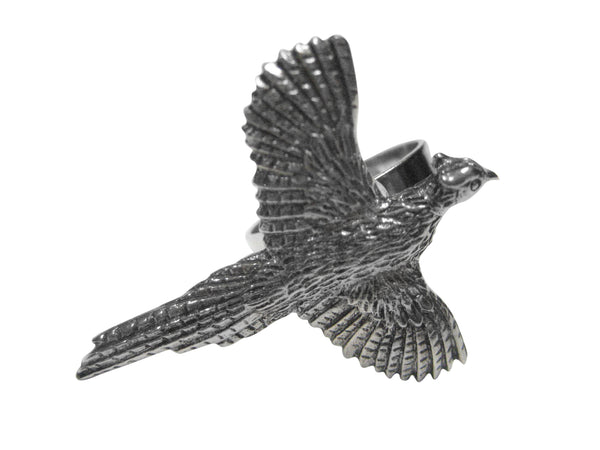 Silver Toned Textured Pheasant Bird Adjustable Size Fashion Ring