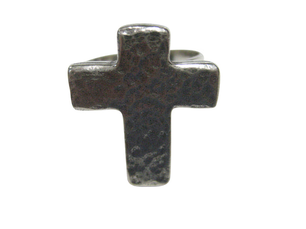 Silver Toned Textured Religious Cross Adjustable Size Fashion Ring